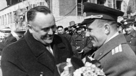 FILE PHOTO: Sergey Korolev (L) congratulates Yuri Gagarin on the successful completion of his historic first spaceflight, 1961 © RIA Novosti
