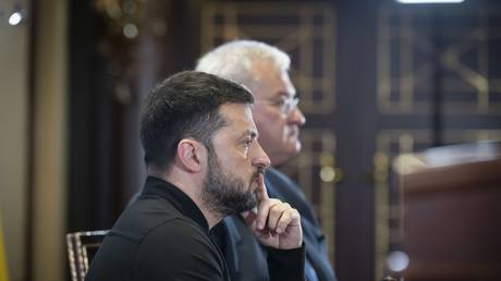 Ukraine’s Vladimir Zelensky (front) and Foreign Minister Andrey Sibiga meet Ukrainian ambassadors, Kiev, July 21, 2025.