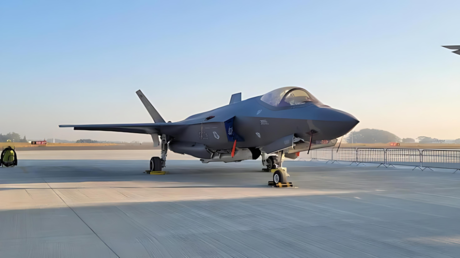 A view of the British F-35B Lightning II fighter jet which was grounded in Kerala's Thiruvananthapuram airport from June 14- July 22.