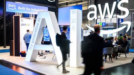 FILE PHOTO: An Amazon Web Services stand at the Hannover Messe 2025, Germany, March 31 2025.