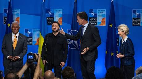 Ukraine’s Vladimir Zelensky and senior EU and NATO officials, The Hague, Netherlands, June 24, 2025.