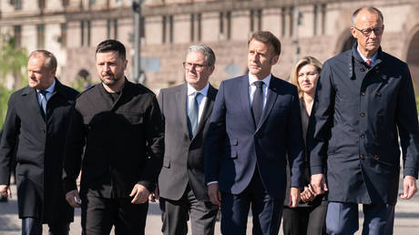 FILE PHOTO: Vladimir Zelensky and European leaders on May 10, 2025 in Kiev, Ukraine.