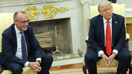 FILE PHOTO: US President Donald Trump and German Chancellor Friedrich Merz hold a meeting in the Oval Office at the White House.