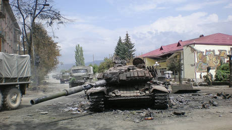 A destroyed Georgian tank in Tskhinval, South Ossetia on August 11, 2008.