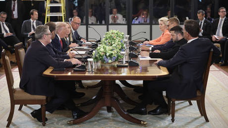 US President Donald Trump hosts a meeting with Vladimir Zelensky and European leaders at the White House on August 18, 2025 in Washington, DC.