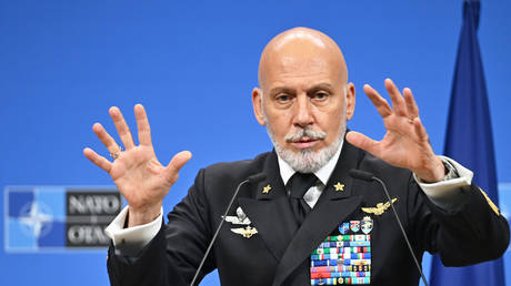 Admiral Giuseppe Cavo Dragone, chair of the NATO Military Committee, speaks at an event in Brussels on May 14, 2025.