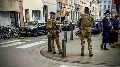 Belgium troops guarding Jewish sites in Antwerp.