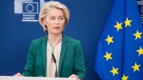 FILE PHPTO: European Commission President Ursula von der Leyen delivering an address.