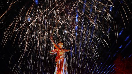 Light show as part of the “Light of the Great Victory” campaign lit up Mamayev Kurgan in Russian city of Volgograd.