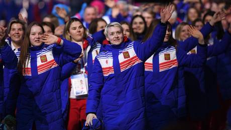 Russia's team members taking part in the closing ceremony of the 2019 Winter Universiade in Krasnoyarsk, Russia.