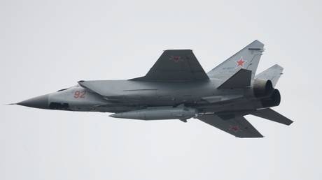 FILE PHOTO: A Russian MiG-31 jet carrying a Kinzhal hypersonic missile.