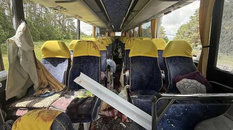 A bus reportedly damaged in a deadly Ukrainian drone attack in Bryansk Region, June 17, 2026.