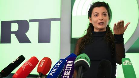 RT editor-in-chief Margarita Simonyan talking to journalists at an event marking the broadcaster's 20th anniversary at the Bolshoi Theater in Moscow.