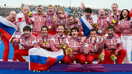 FILE PHOTO: The Russian national team celebrates after winning gold medals in the 7x7 football at the Paralympic games in London 2012.